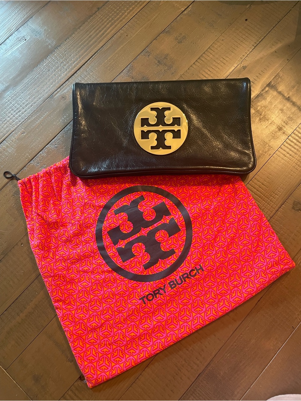 Like New Tory Burch Black Leather Clutch/Shoulder Bag with Gold Logo Accent
